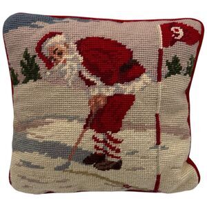 Vtg Needlepoint Pillow Santa Golfing 9" Sq Red Velvet Backing Christmas Decor